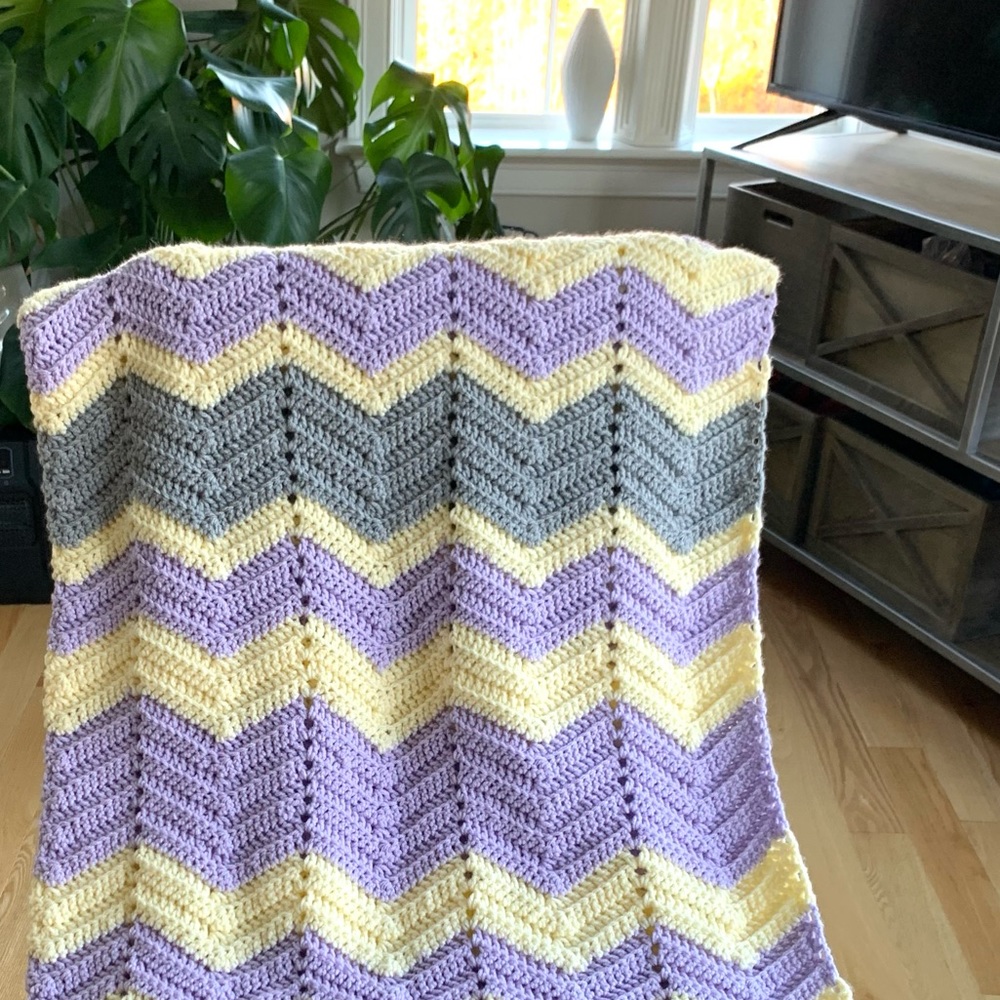 Vintage Afghan. Yellow Gray Lavendar. Hand made.